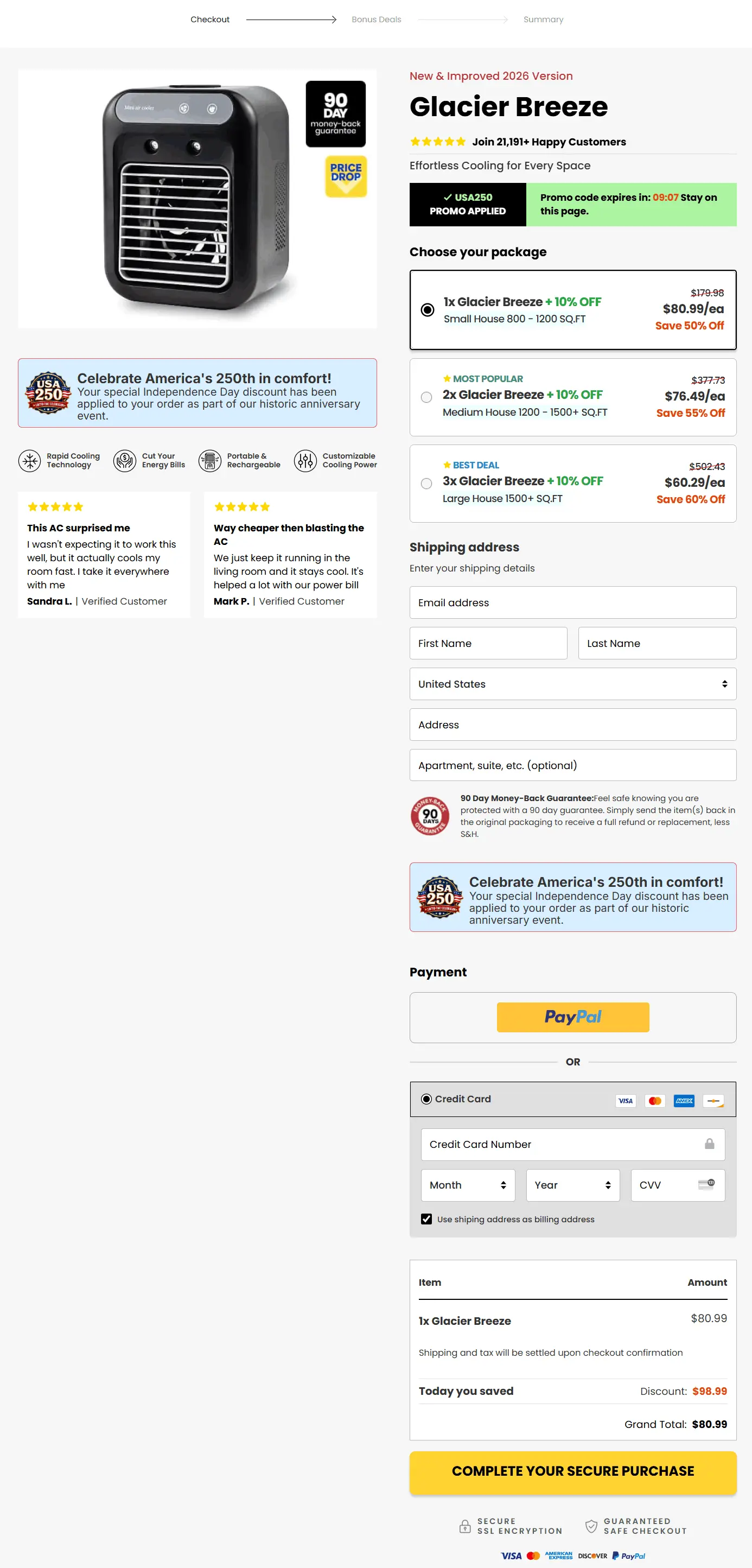 Glacier Breeze Portable AC secure checkout page